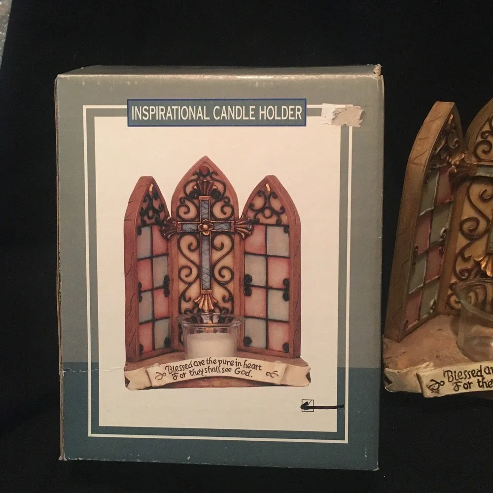 Vtg Stained Glass Cathedral Church Window Inspirational Verse Candle Holder